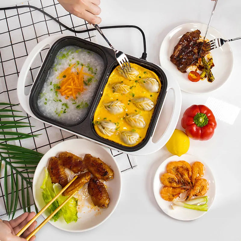 White or green dual-use electric hot pot and frying oven with mechanical dial, dimensions 390mm x 220mm x 120mm.