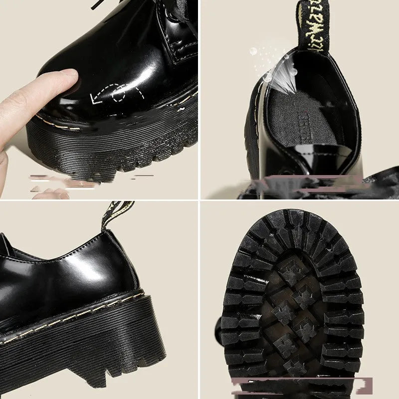 Women's black leather shoes with cross-strap design and thick TPR soles, showing ribbon detailing and lacing closure