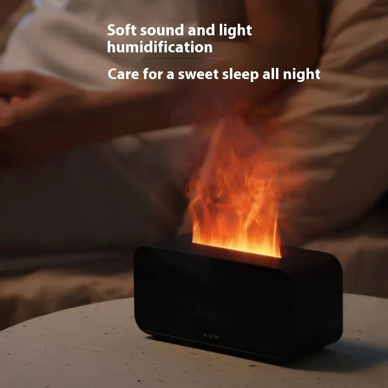 White USB aromatherapy diffuser with simulated flame and jellyfish smoke effect on wooden table