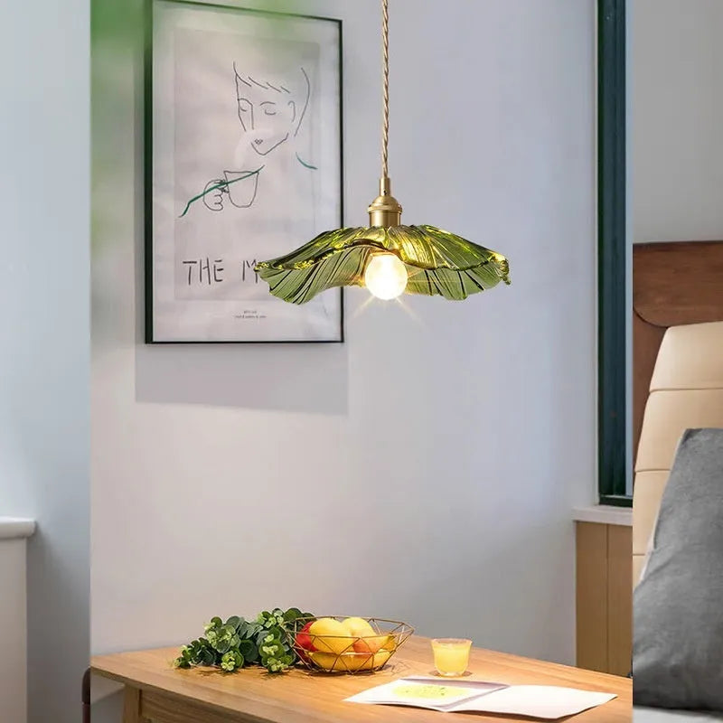 Nordic Japanese style lotus leaf shaped ceiling pendant lamp with iron frame and coloured glass shade.