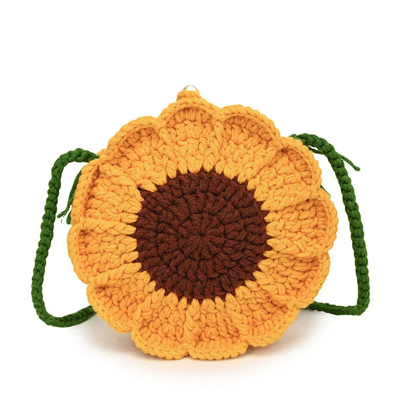 Round hand-woven bag with crocheted wool flowers and cotton lining in multiple colour options