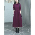 Purplish red long-sleeve dress with extra-long sleeves and long skirt for autumn and winter, available in sizes S to 3XL.
