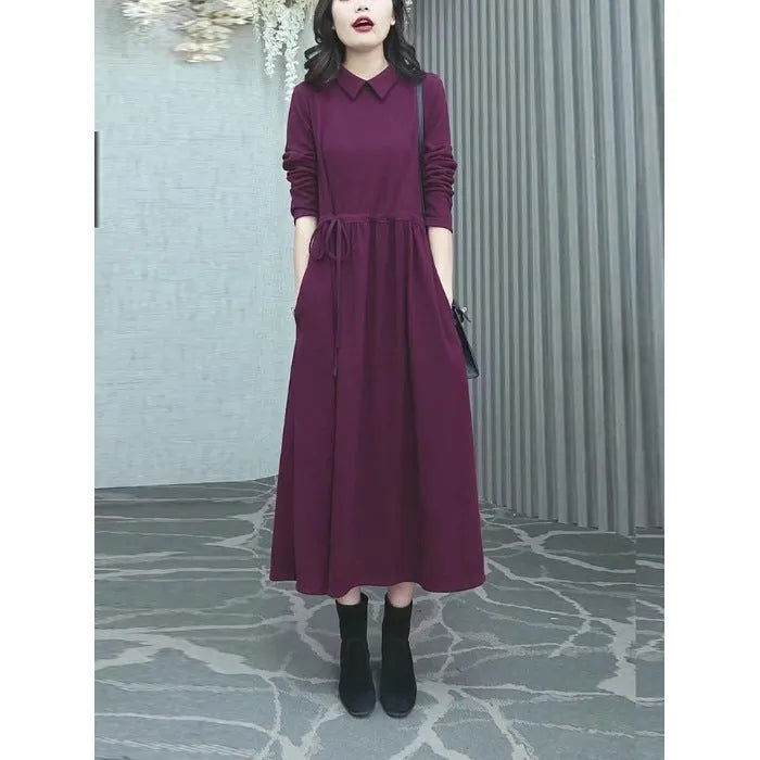 Purplish red long-sleeve dress with extra-long sleeves and long skirt for autumn and winter, available in sizes S to 3XL.