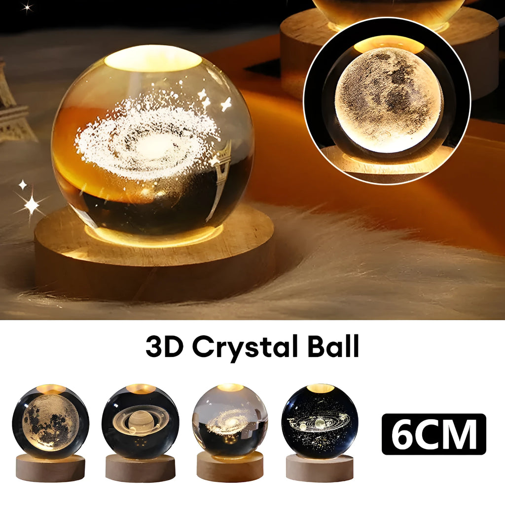 3D crystal ball night light projecting starry sky and planets from its 6cm sphere on a solid wood base.