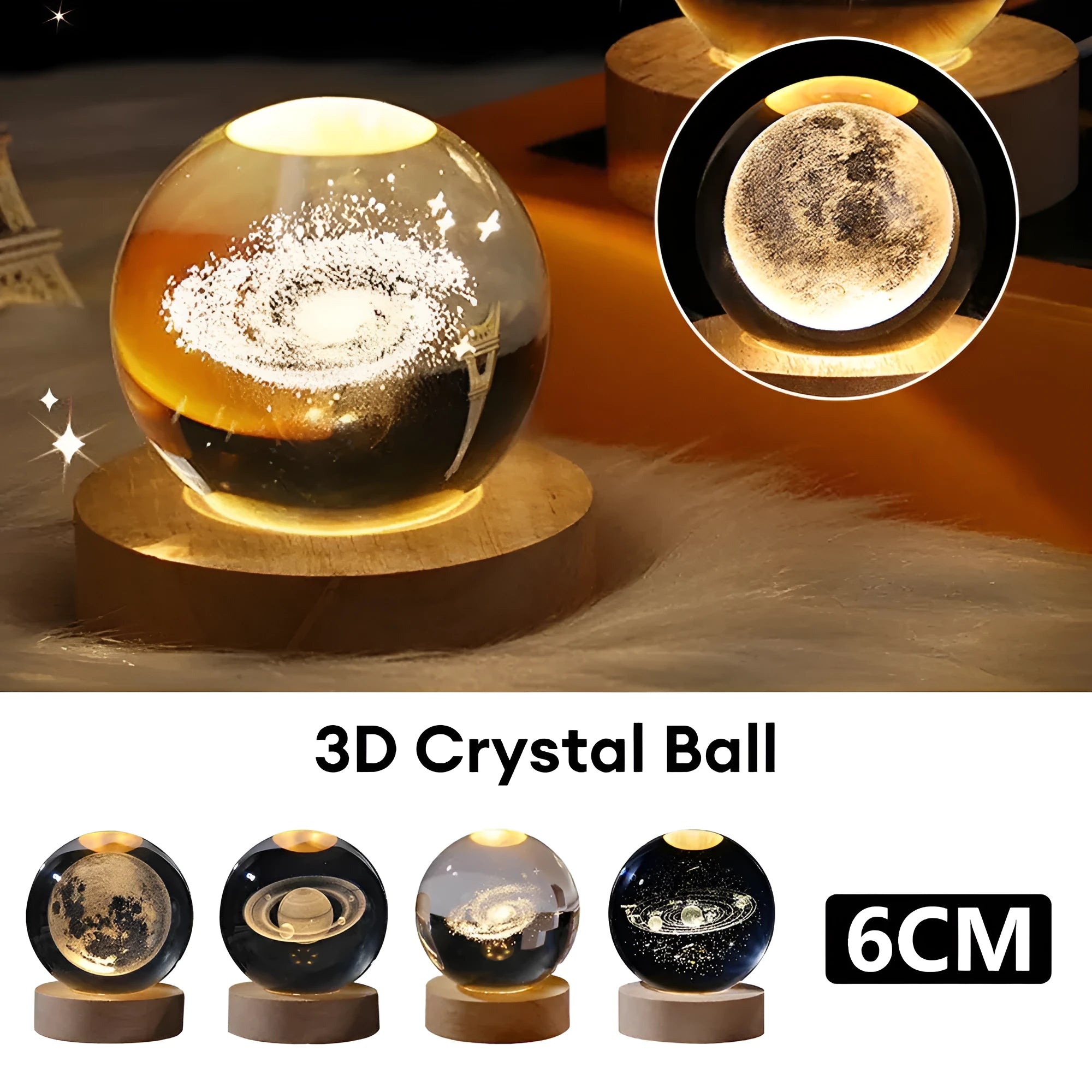 3D crystal ball night light projecting starry sky and planets from its 6cm sphere on a solid wood base.