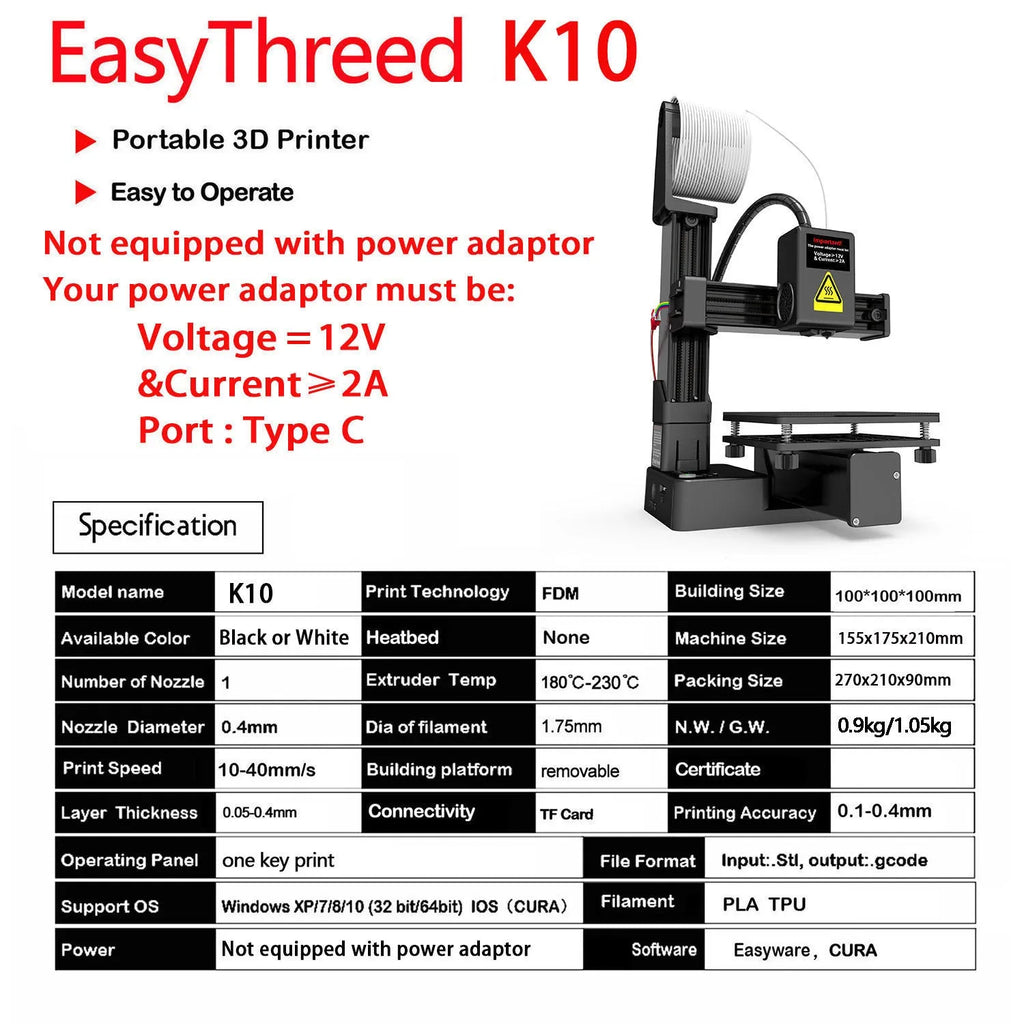 White EasyThreed K10 3D printer with 175mm build area compatible with TPU and PLA filaments