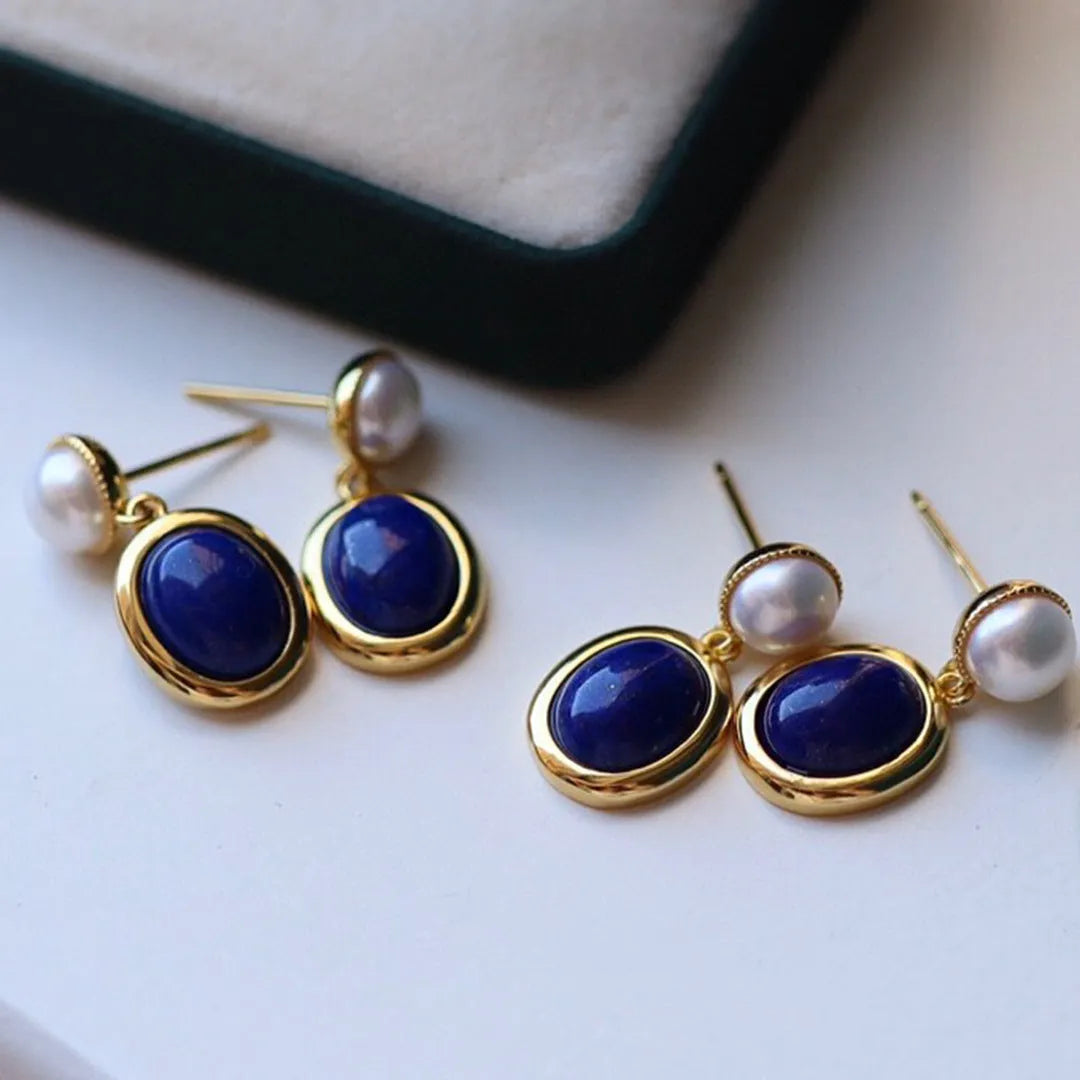 Natural lapis lazuli pearl earrings with 925 silver setting and auspicious pattern detailing