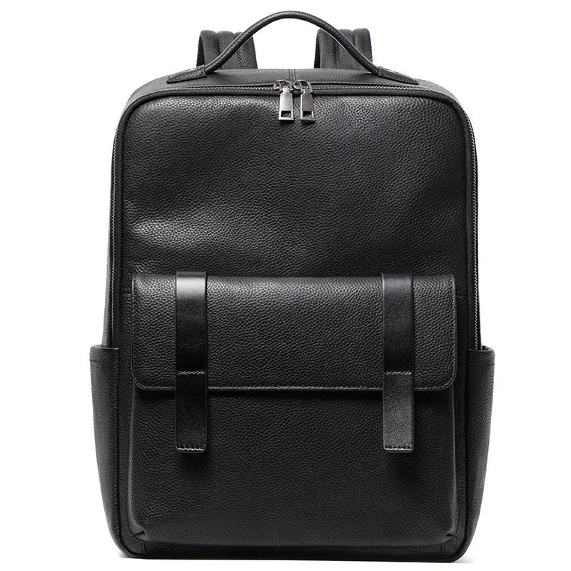 Men's black genuine leather large capacity computer backpack with woven details.
