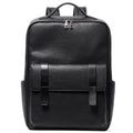 Men's black genuine leather large capacity computer backpack with woven details.