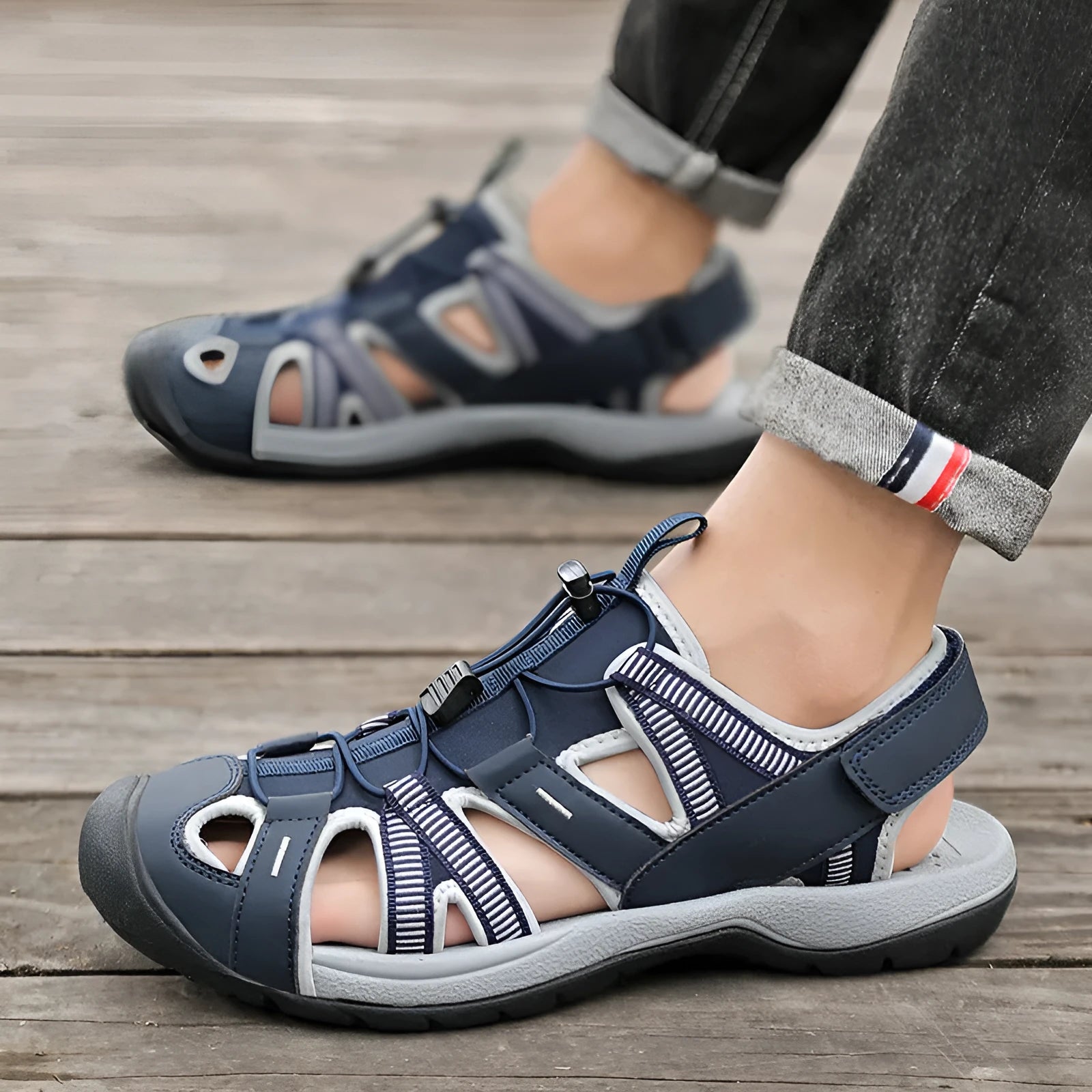 Men's casual sports shoes with mesh upper, rubber sole and velcro fastening in LX01 Blue and Black colours