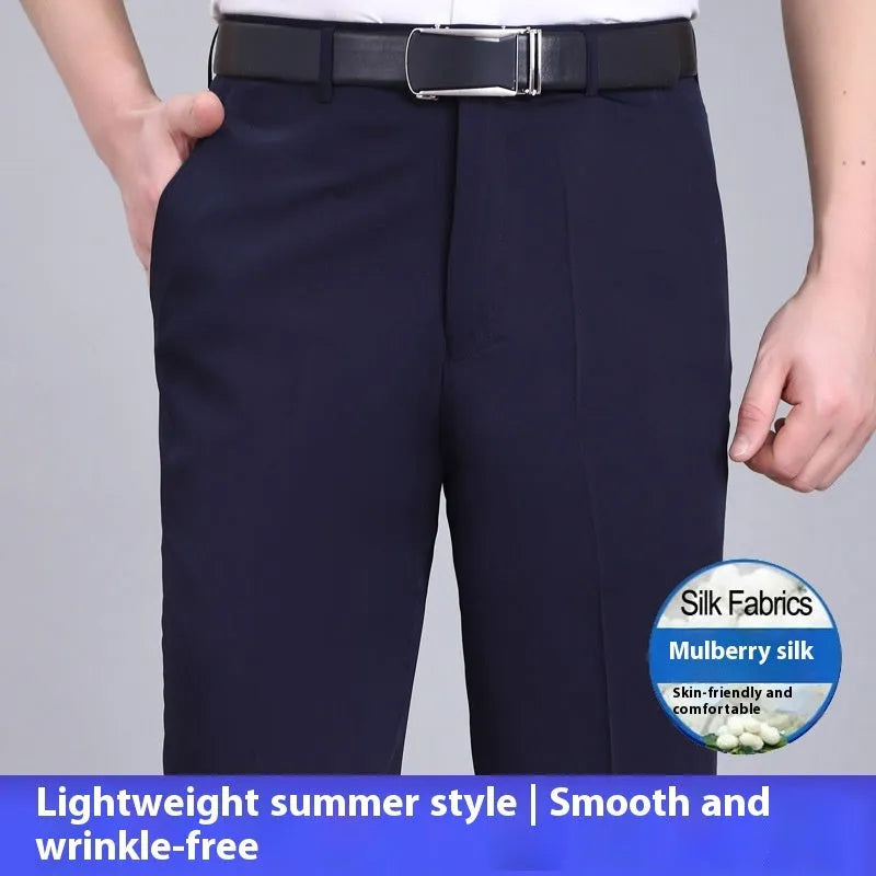 Men's straight-leg mulberry silk trousers in dark blue with high waist and non-iron fabric for business