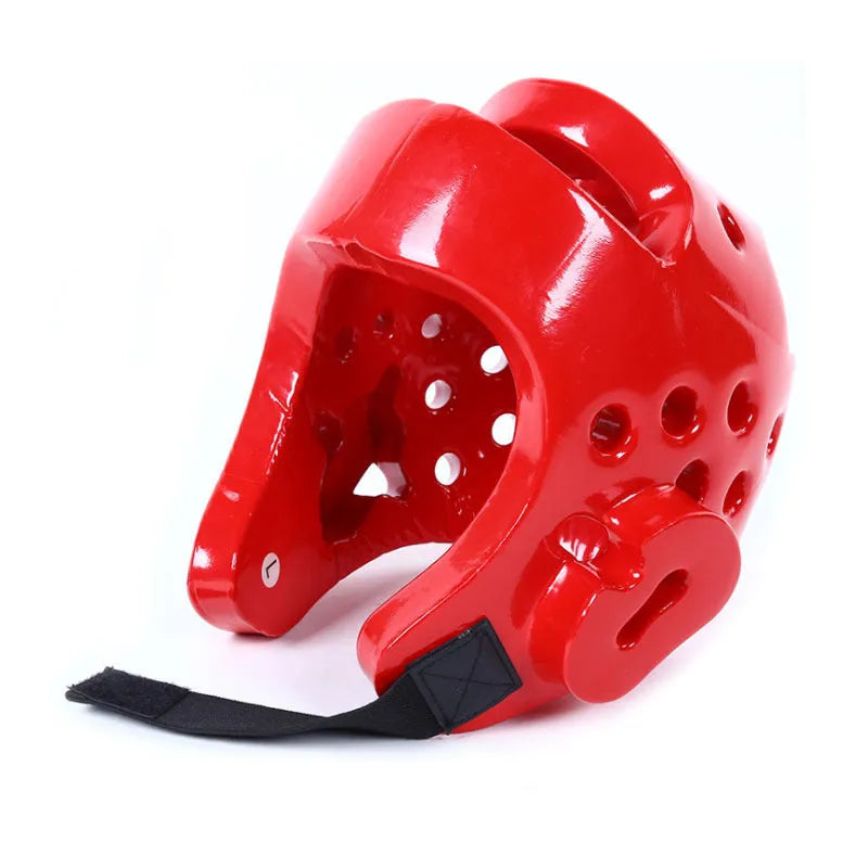 Red and blue martial arts protective gear set showing leg guards, boxing gloves, and a helmet for taekwondo and karate.