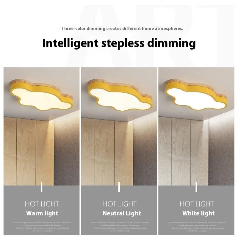Cloud-shaped LED ceiling lamp with wooden frame in choice of four colours, showing even light distribution and modern design