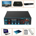 Black dual-purpose power amplifier with wire clamp connections, remote control, measuring 20x19.6x5.8cm