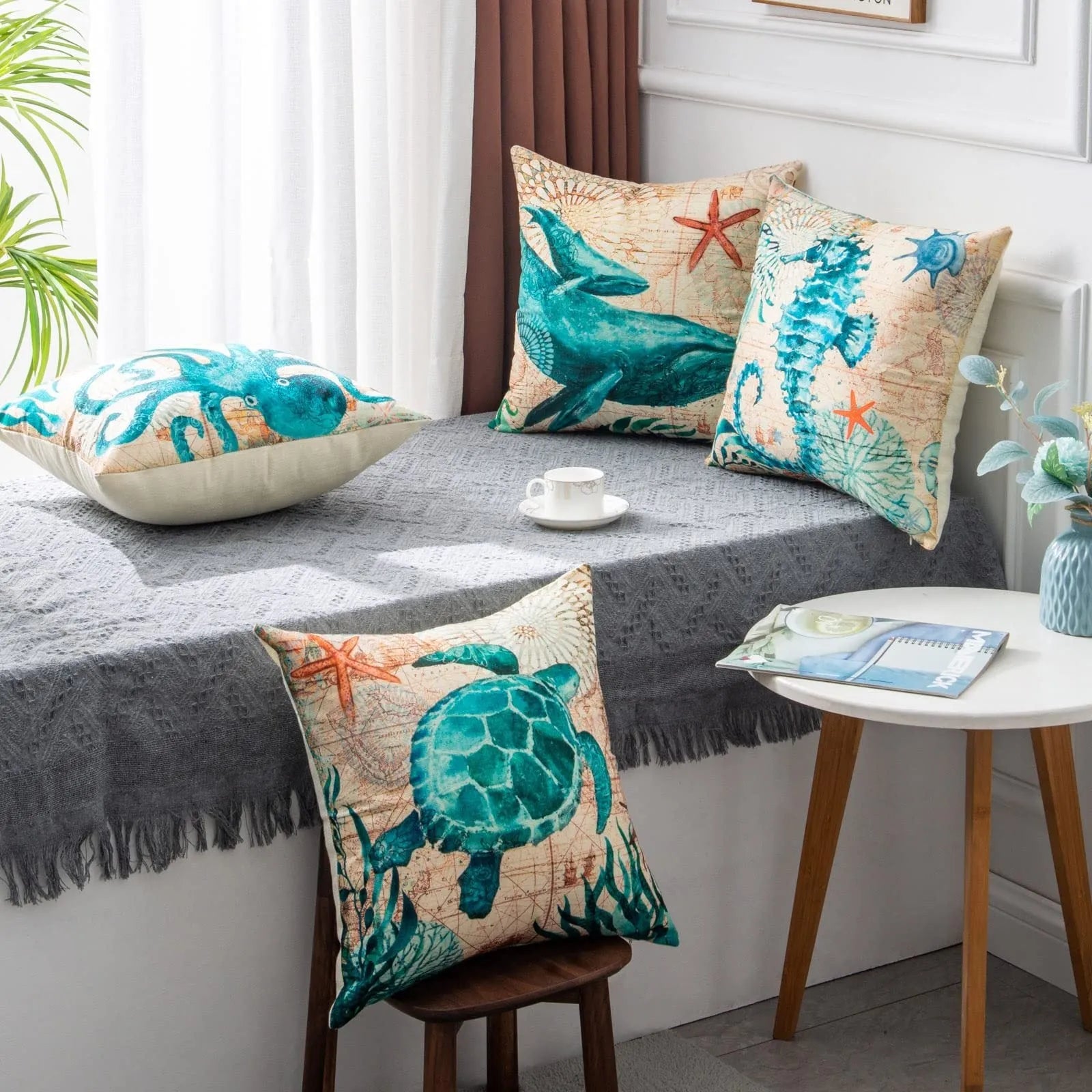 Linen cushion cover with printed sea turtle design, showing invisible zipper and 45x45cm size.