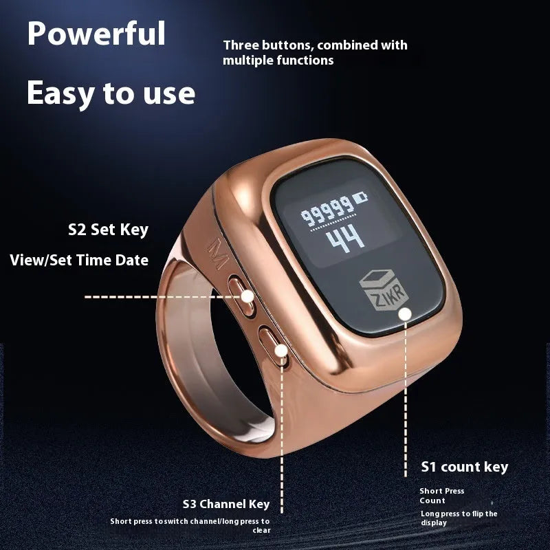 Al-fatiha Zikr electronic counter on wrist with digital display showing count, available in black, space grey, rose gold, silver, wine red, green.