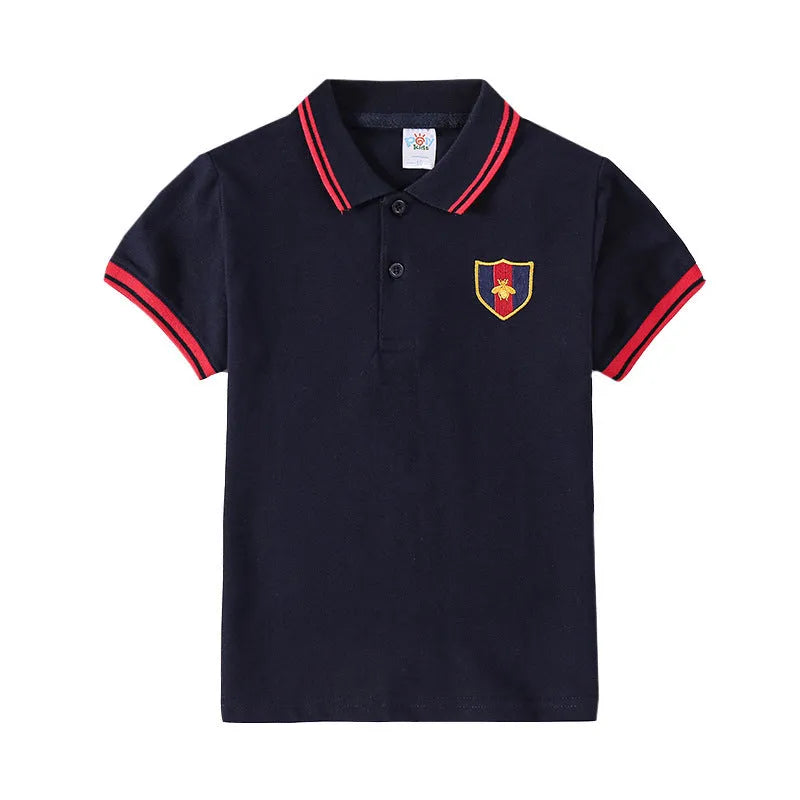 Boys' red cotton short-sleeved shirt with lapel collar for children aged 3-8 years