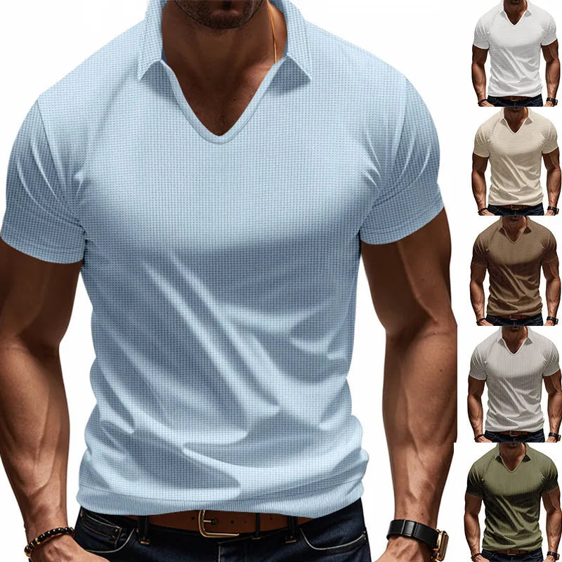 Men's V-neck short sleeve top in loose fit with solid colour options including Army Green and apricot