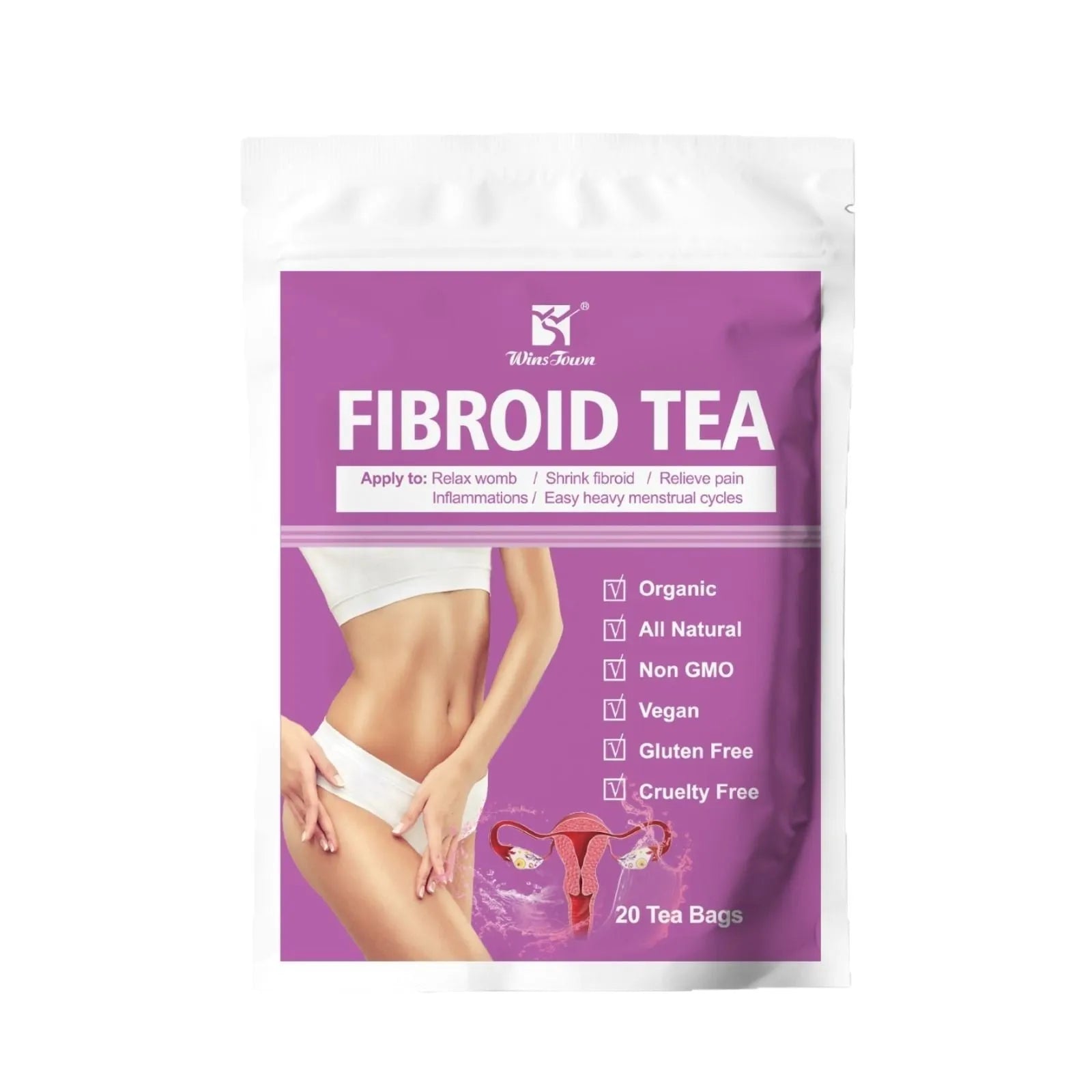 Pack of Winstown Fibroid Herbal Tea bags with C83 packaging.