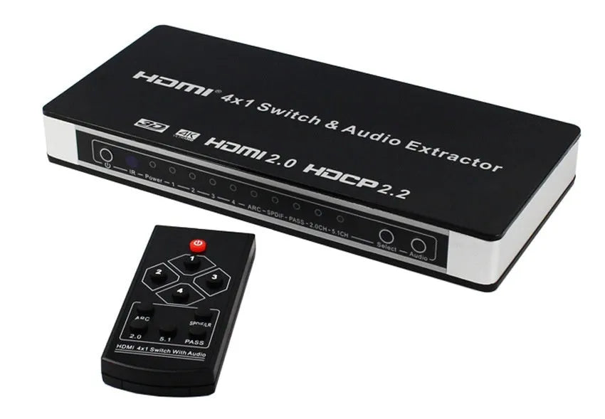 Black HDMI switch box with four input ports and one output port, shown with remote control and cable.