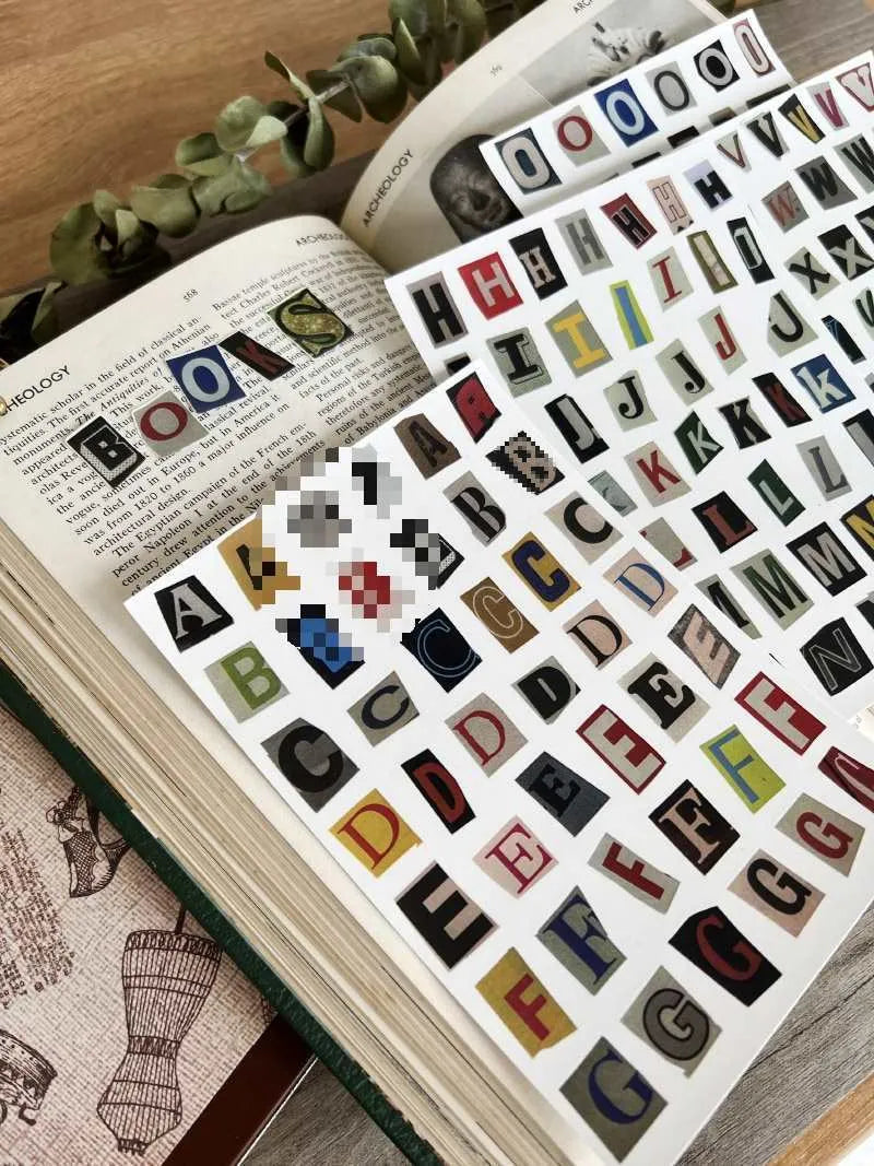 English letters and numbers symbol label stickers in cute style with printed symbols for decoration and organisation