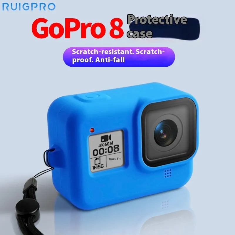 Blue silicone protective sleeve and wrist strap for GoPro Hero8 Black camera with app bag.