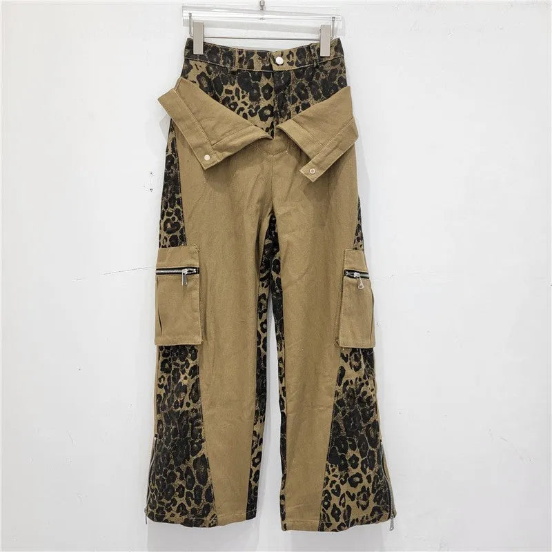 Dark khaki leopard print high waist straight leg jeans with contrast colour stitching on a mannequin.