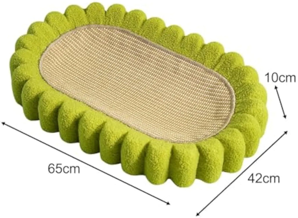 Green oval cat scratch pad bowl with sisal scratching surface measuring 65cm by 42cm