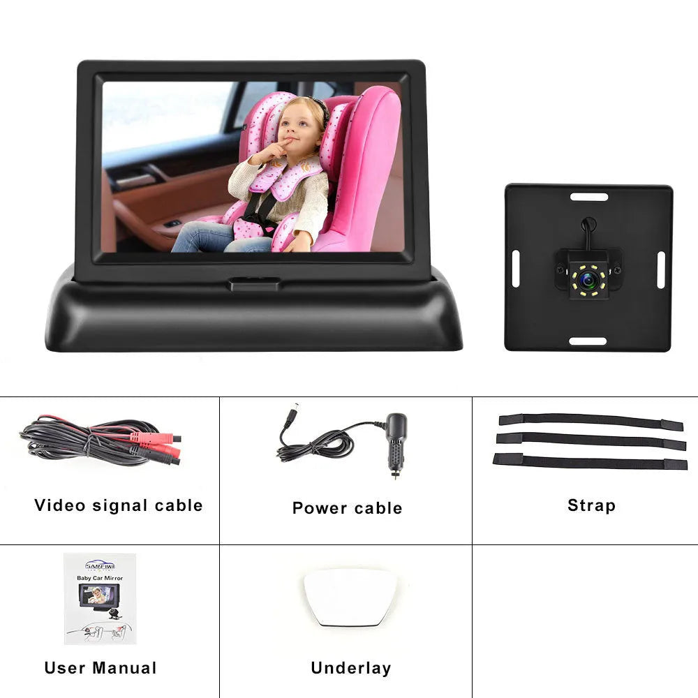 Black folding screen car baby monitor with 4.3-inch display and cigarette lighter power cable.