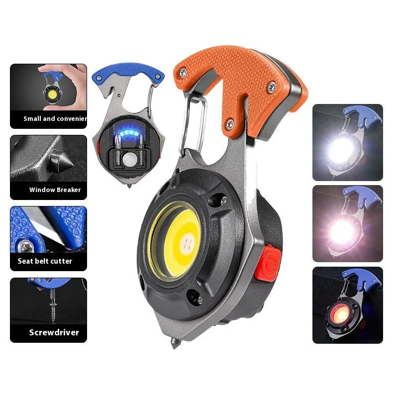 Portable aluminium multifunctional keychain flashlight with keyring and display screen.