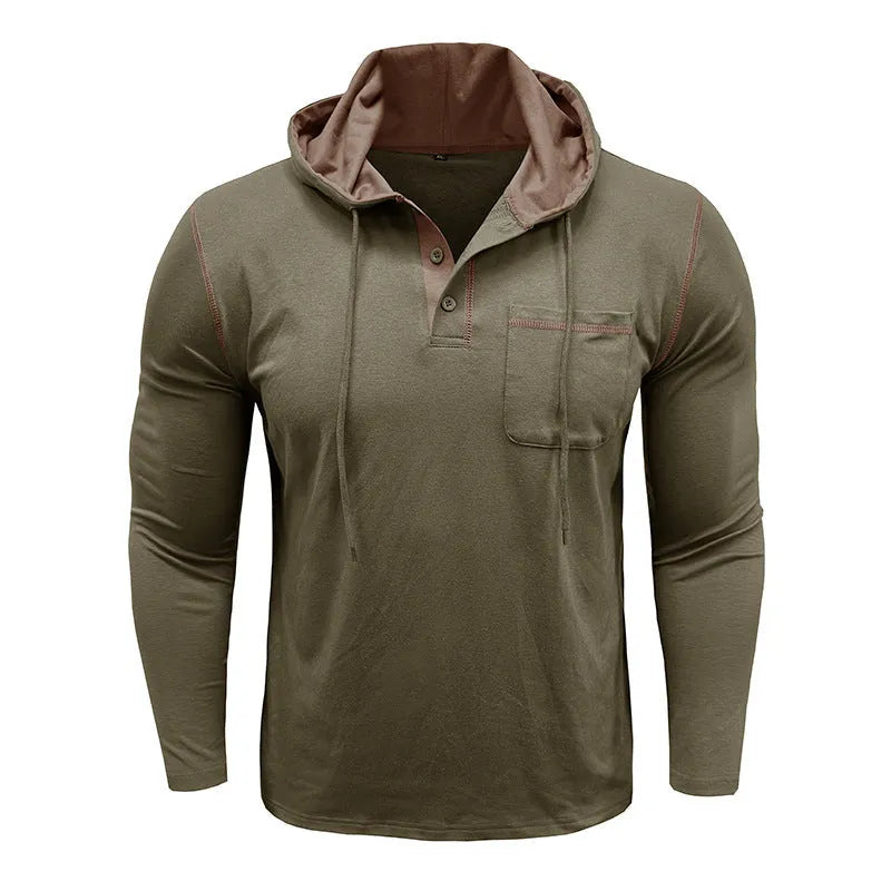 Men's black cotton blend hooded Henley shirt with long sleeves on a hanger