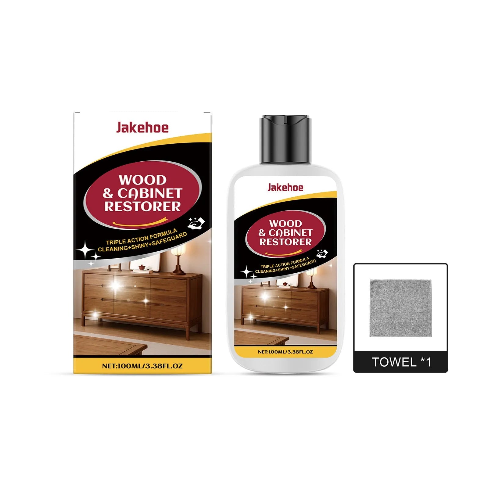 Wooden furniture scratch care agent bottle and microfiber towel for polishing