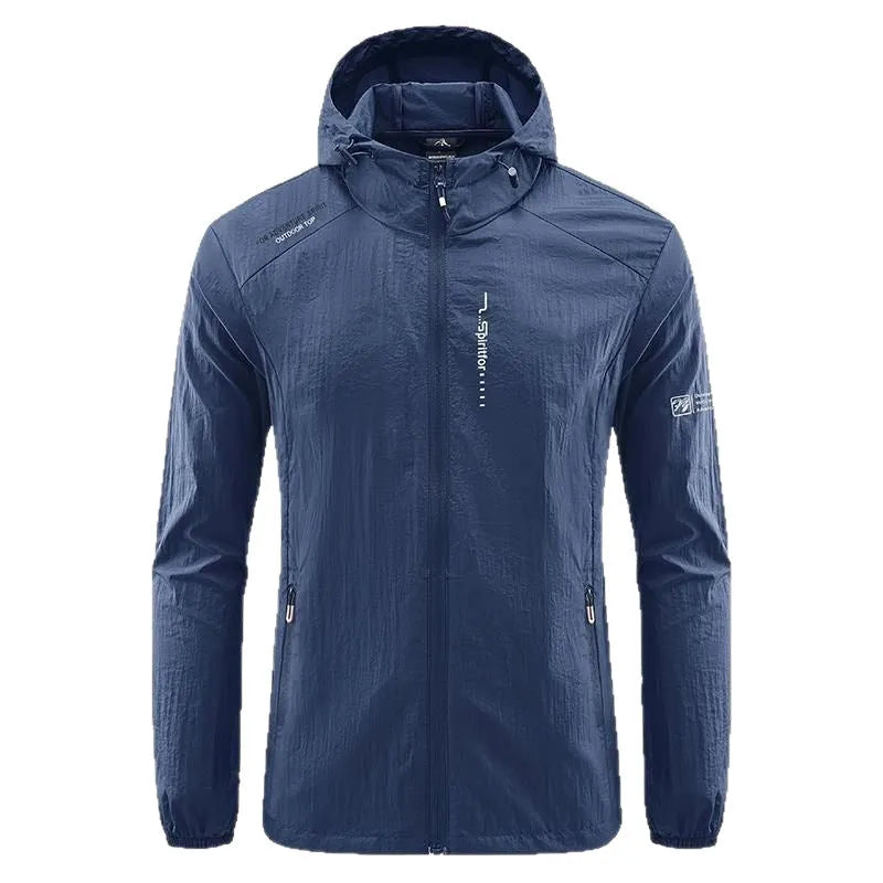 Men's hooded summer top in nylon fabric showing loose fit and sun protection design