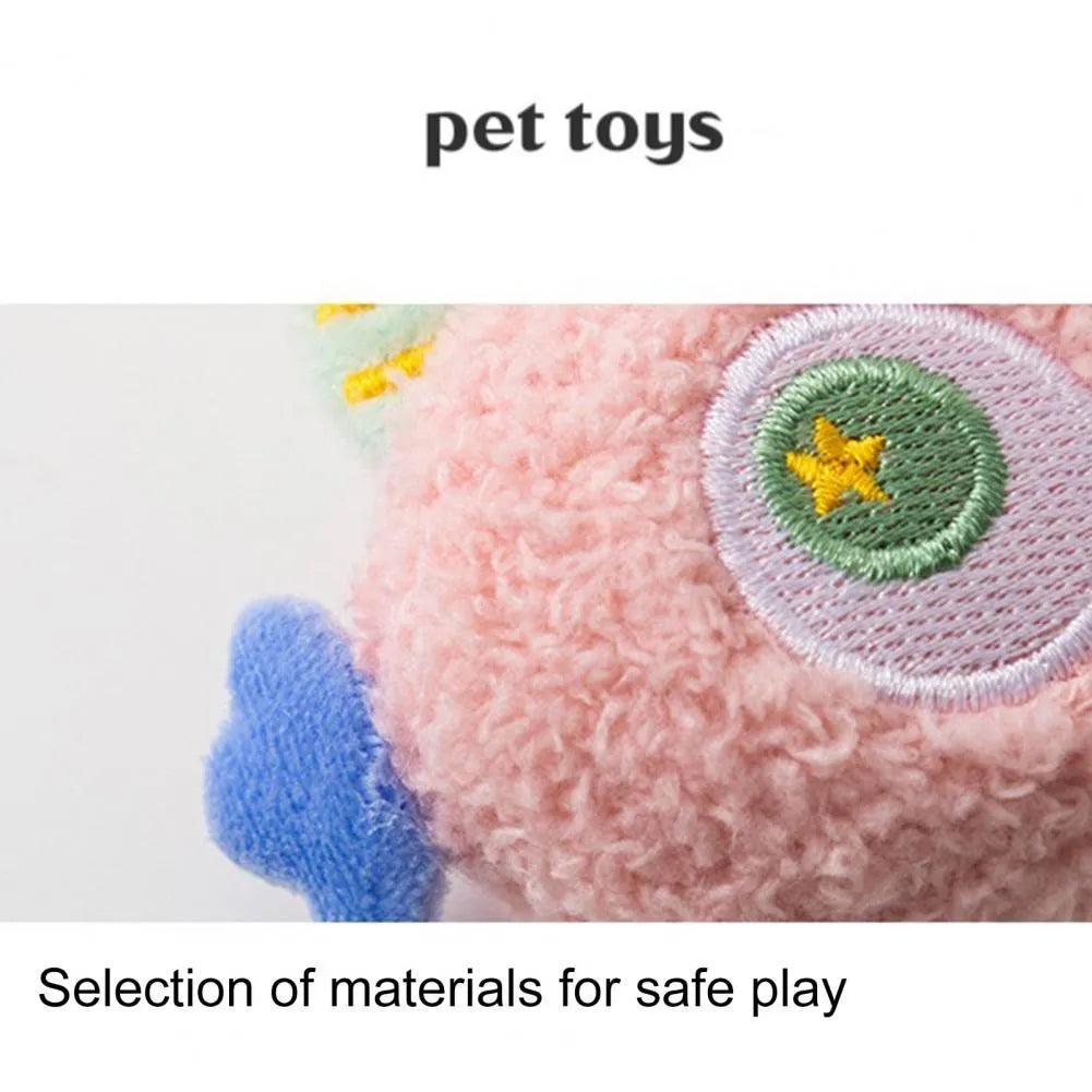 Cartoon-shaped plush dog toy with large eyes and squeaker in grey, green, pink, white or yellow