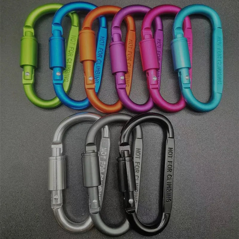 D-type aluminium carabiner with lock mechanism, 8cm length, flat profile, in multiple colour options