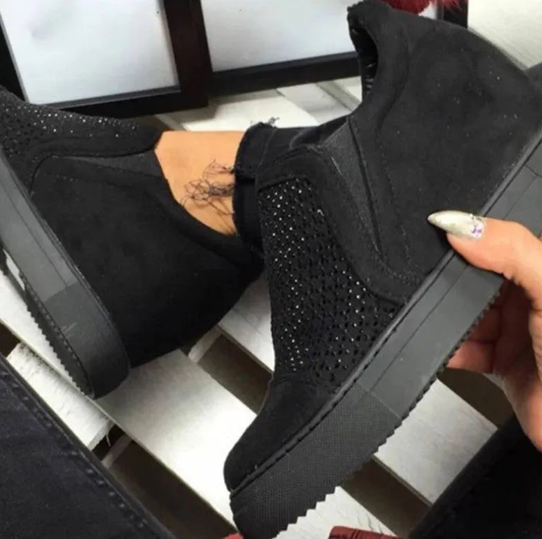 Idle rhinestone hollow loafers in black suede with 6-8cm high heel, round toe, and waterproof platform sole.