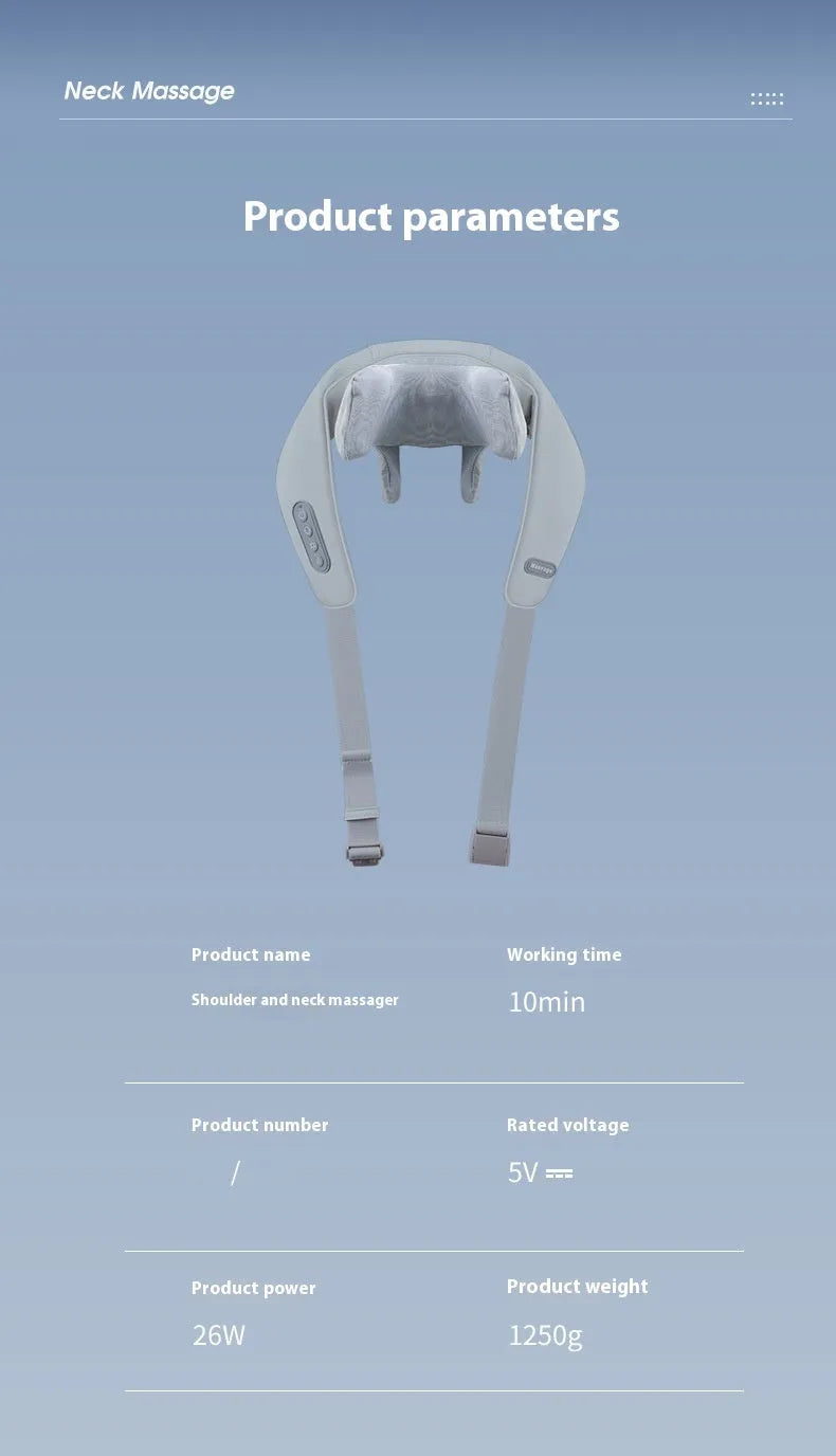 Grey elastic fabric USB neck and back massager with two gear settings and infrared function.