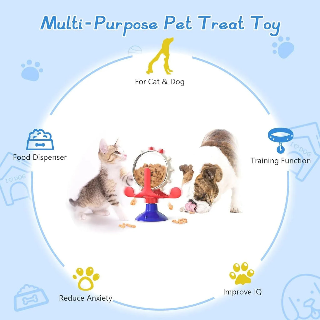 Interactive pet puzzle toy with rotating food dispenser and sucker base in blue, green, red, or yellow