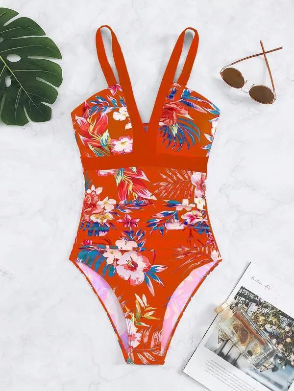 Women's floral one-piece swimsuit with backless design in black, blue, red, or rose red, showing high elasticity spandex material