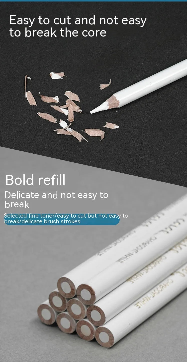 White charcoal pencil set with three wooden pencils and 144 refill leads for drawing on dark paper.
