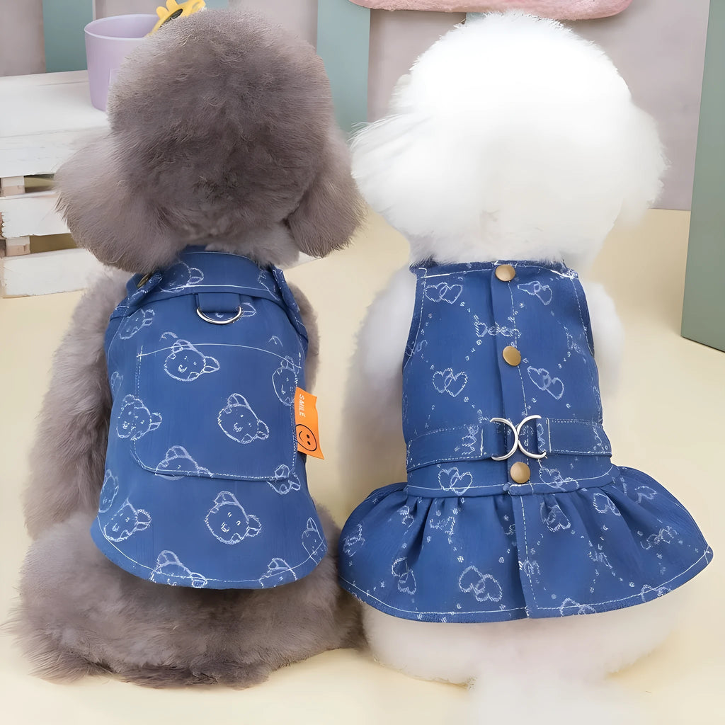 Teddy Bichon wearing denim princess dress in bracket-skirt style, small dog clothing for spring and autumn