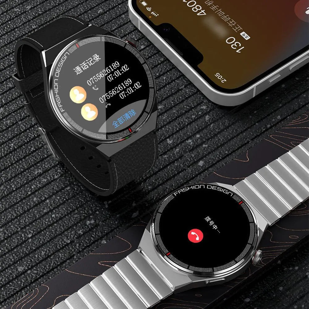 Black Bluetooth smartwatch showing heart rate monitoring on 1.28-inch screen with silicone strap