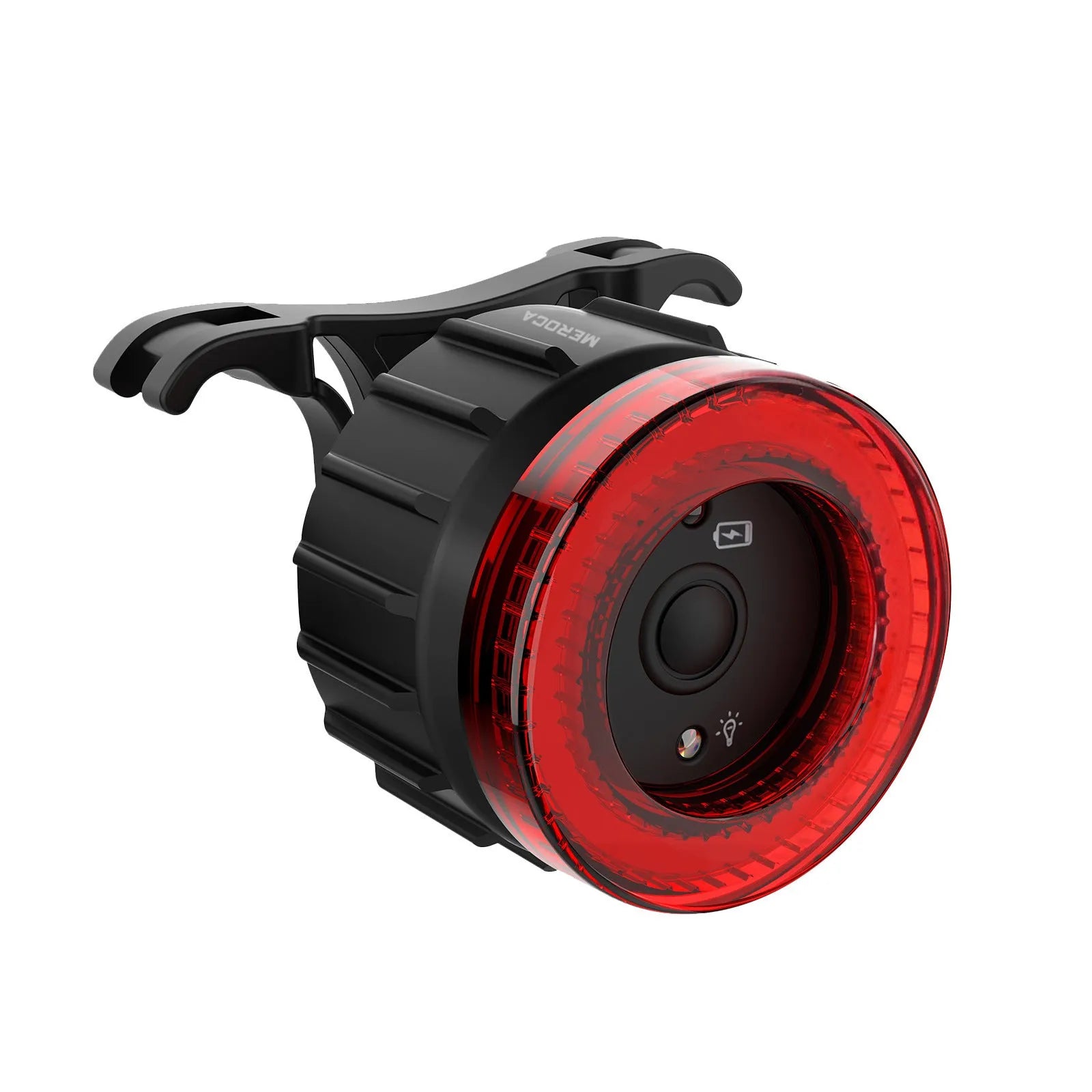 Black aluminium alloy bicycle taillight with seat tube bracket, showing 3.7V induction brake light design