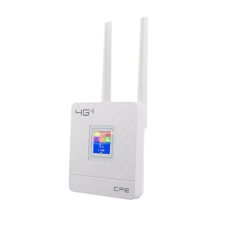 Home office LTE router with two external antennas, USB cable, and power adapter for 4G network sharing