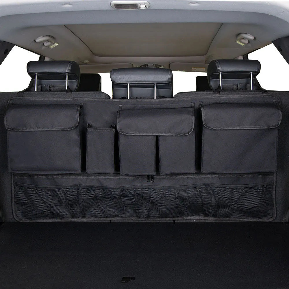 Black car boot hanging storage organiser with shopping bag compartments and waterproof Oxford cloth construction