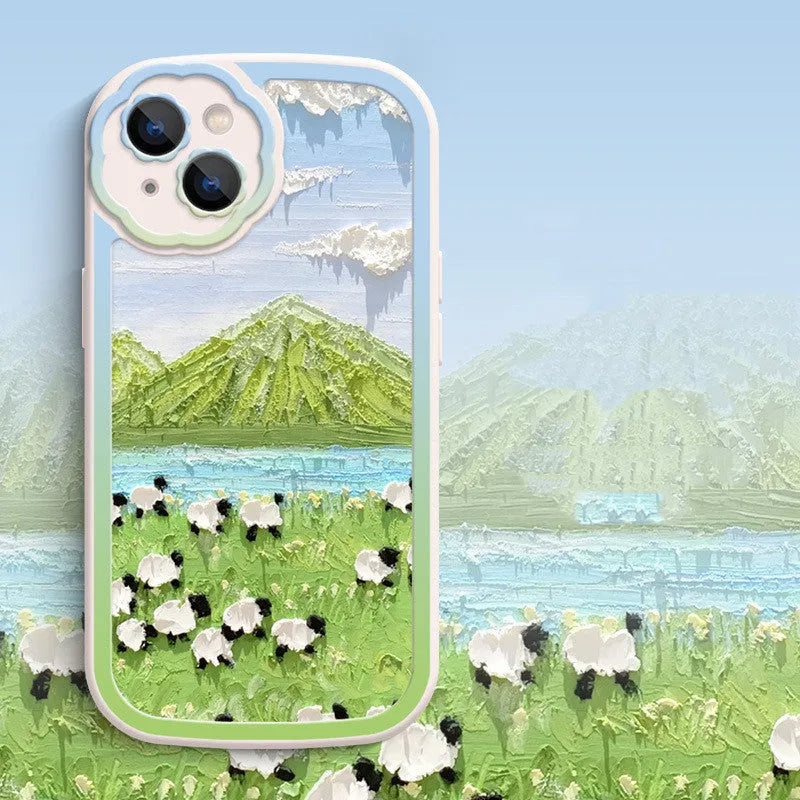 Oil painting flower silicone phone case for iPhone 13 12 11 in Moon Flower Pink Purple Verdant Clouds