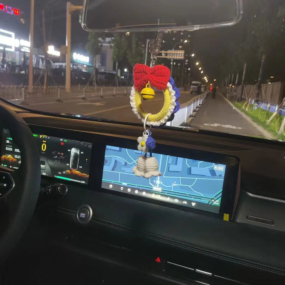 Handmade plush yarn car hanging Snow White decoration with red wind chime pendant