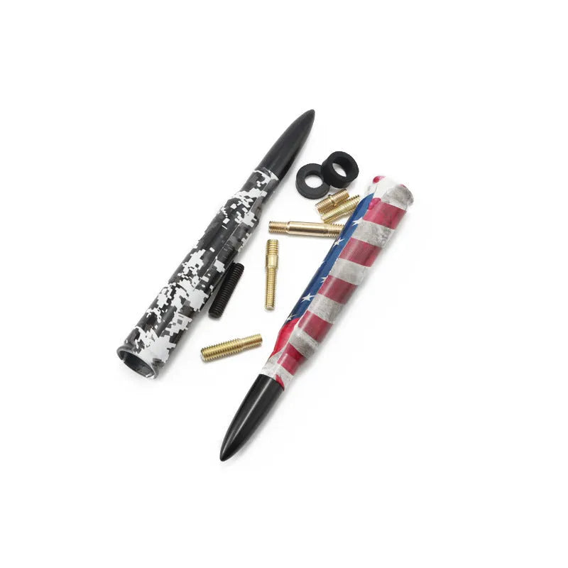 Universal 14cm car bullet antenna shown in black, camouflage green, and American flag designs.