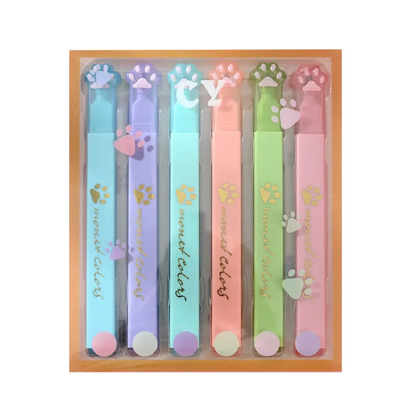 Box of six cat's paw fluorescent marking pens with oblique nib tips in assorted colours.