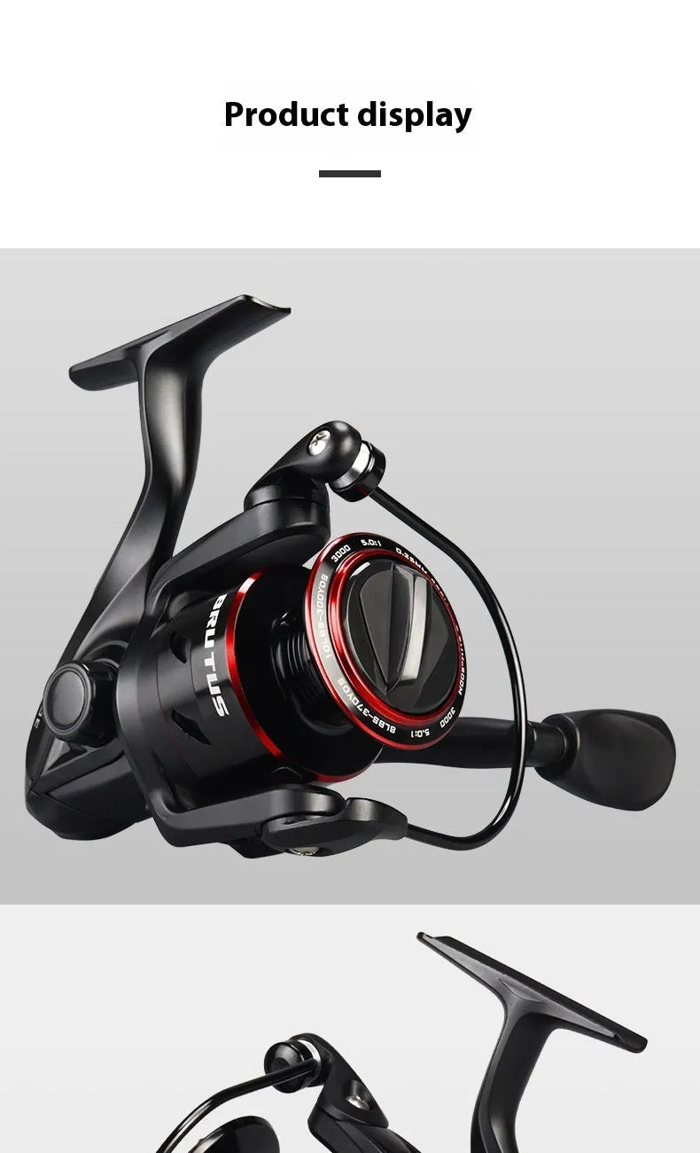 All-metal spinning fishing reel with collapsed telescopic rod showing four series size options
